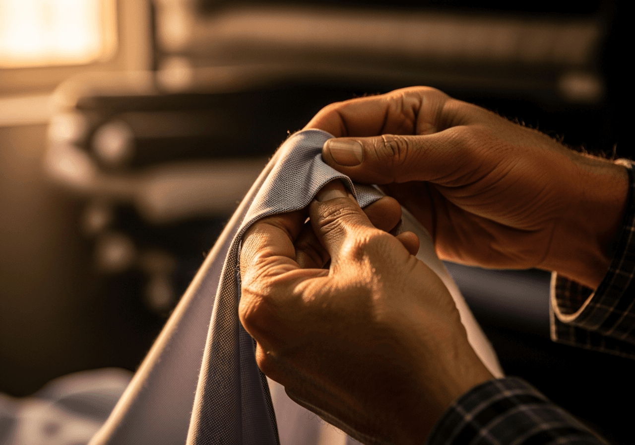 A LF Fashion tailor inspecting fabric in warm window light