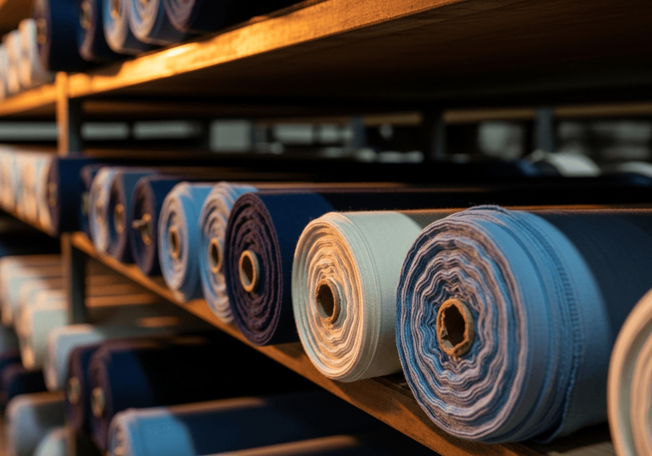Bolts of premium cotton fabric on warehouse shelves
