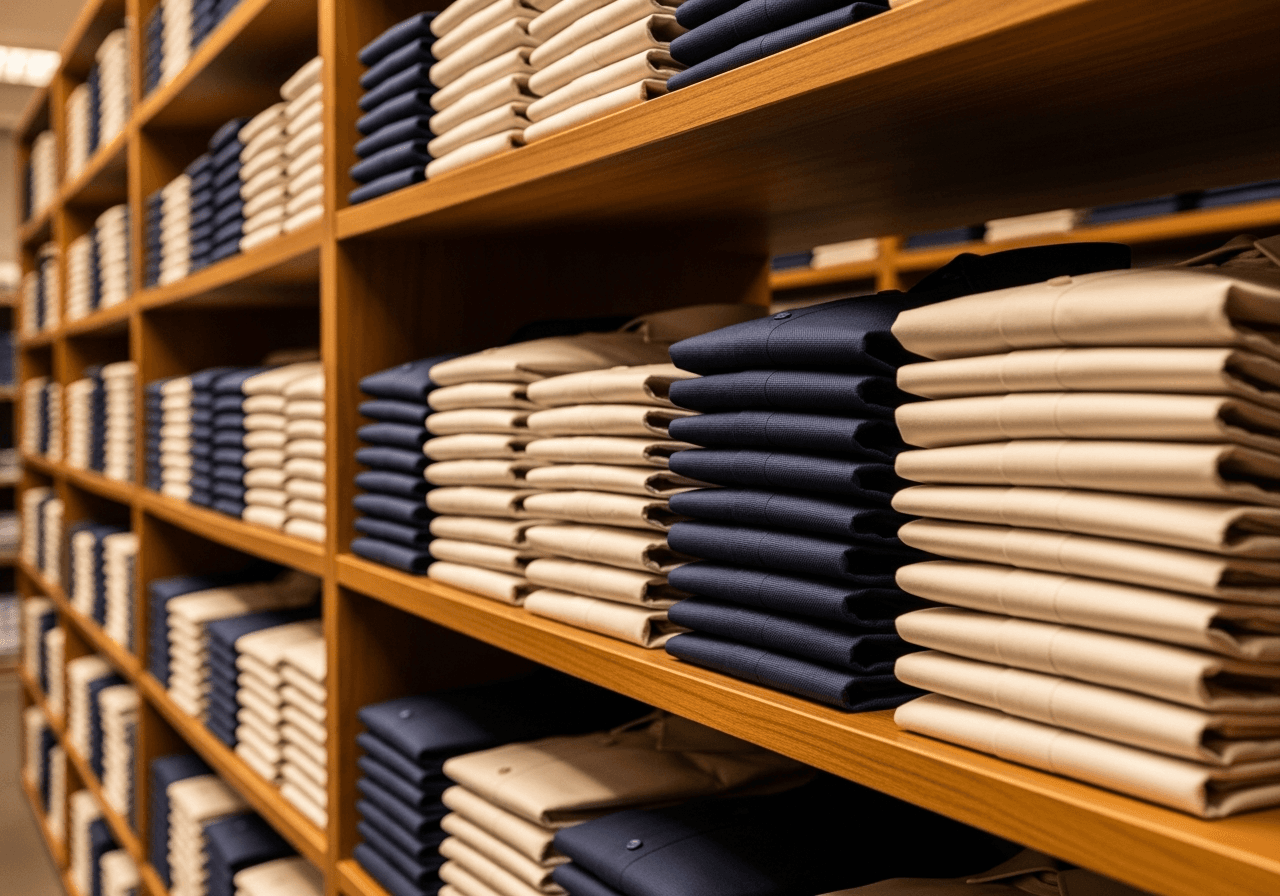 Stacked finished shirts on warm wooden warehouse shelves